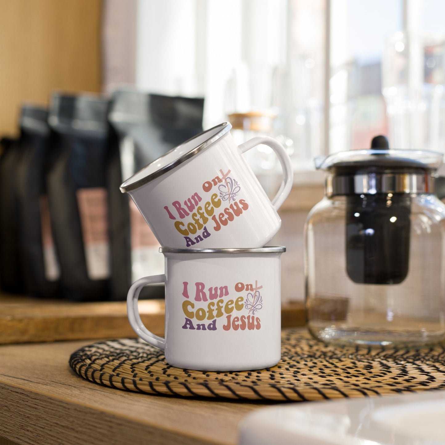 "I Run on Coffee & Jesus" | Enamel White Mug