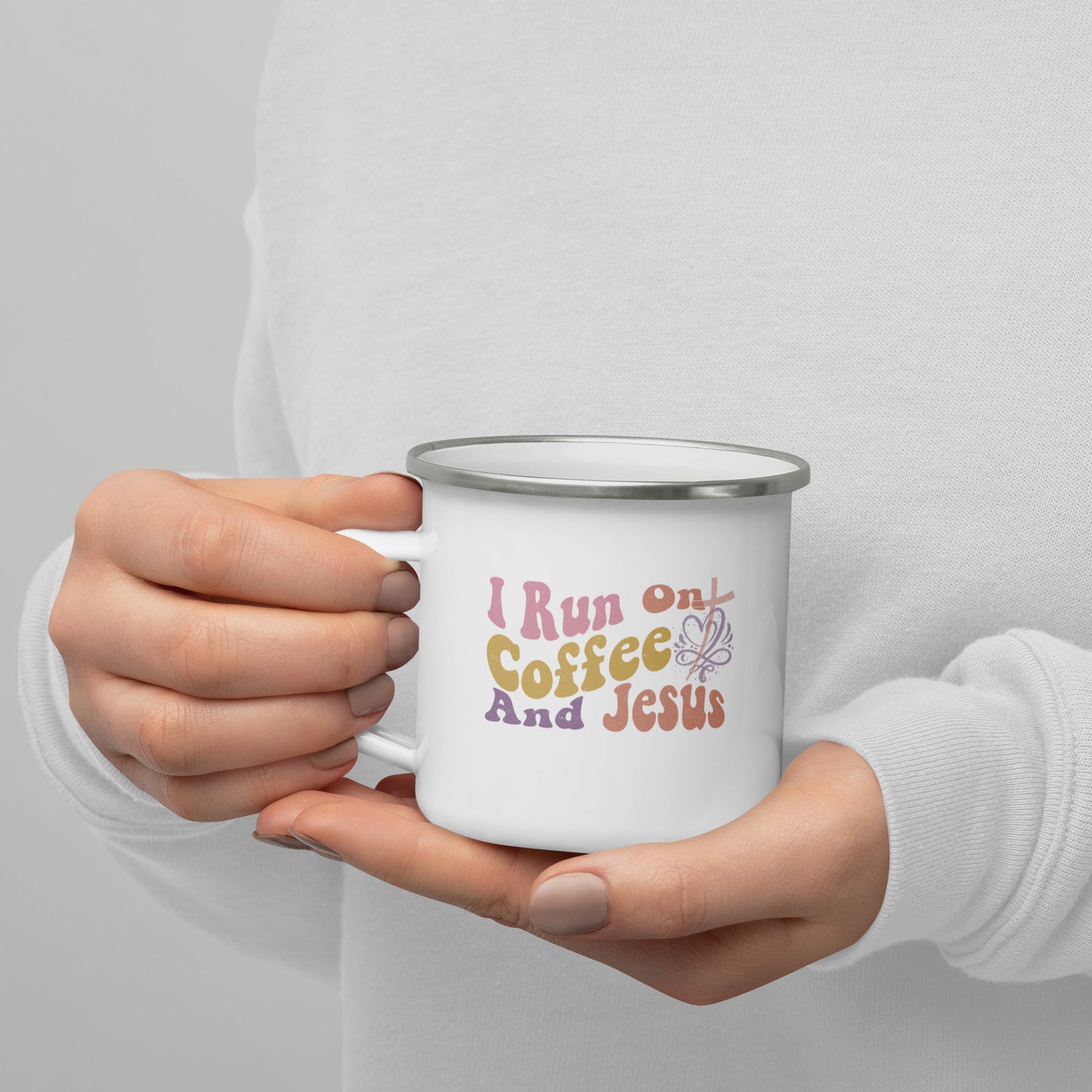 "I Run on Coffee & Jesus" | Enamel White Mug